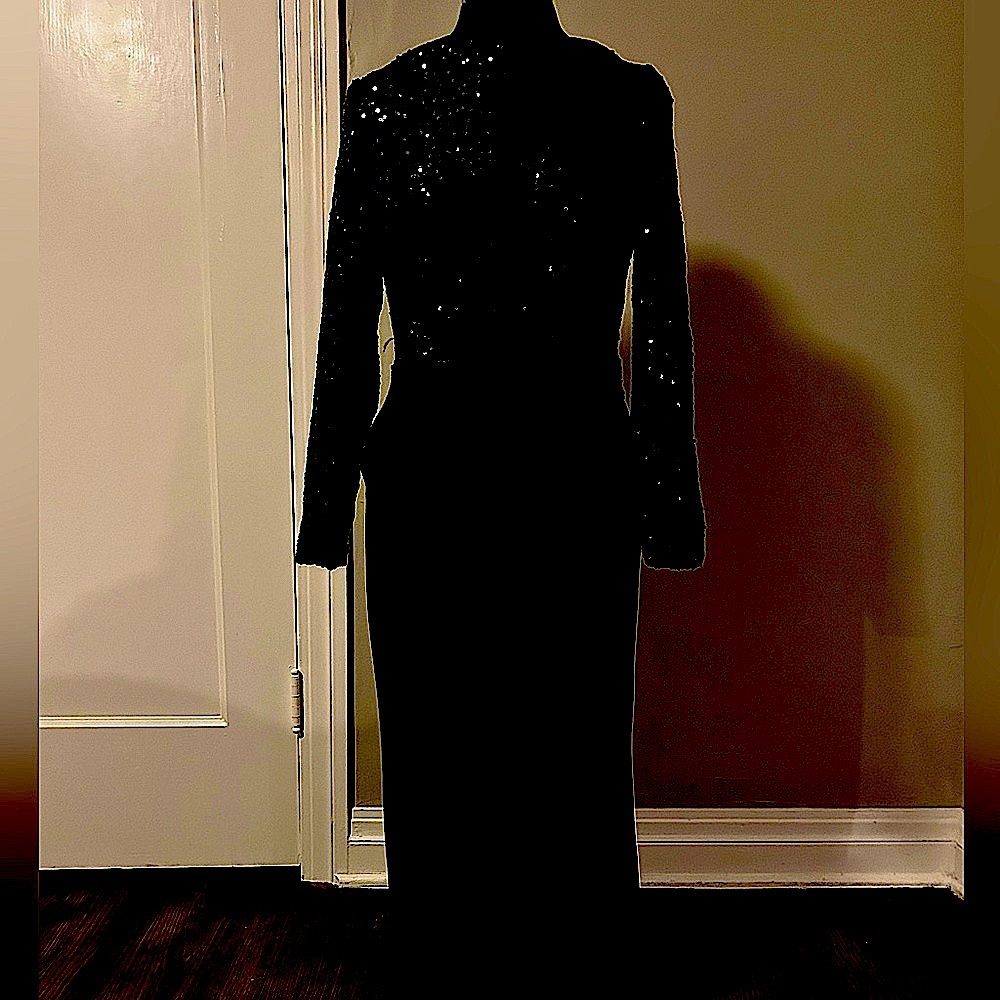 Black formal floor length Lauren by Ralph Lauren gown. Sequin top jersey skirt